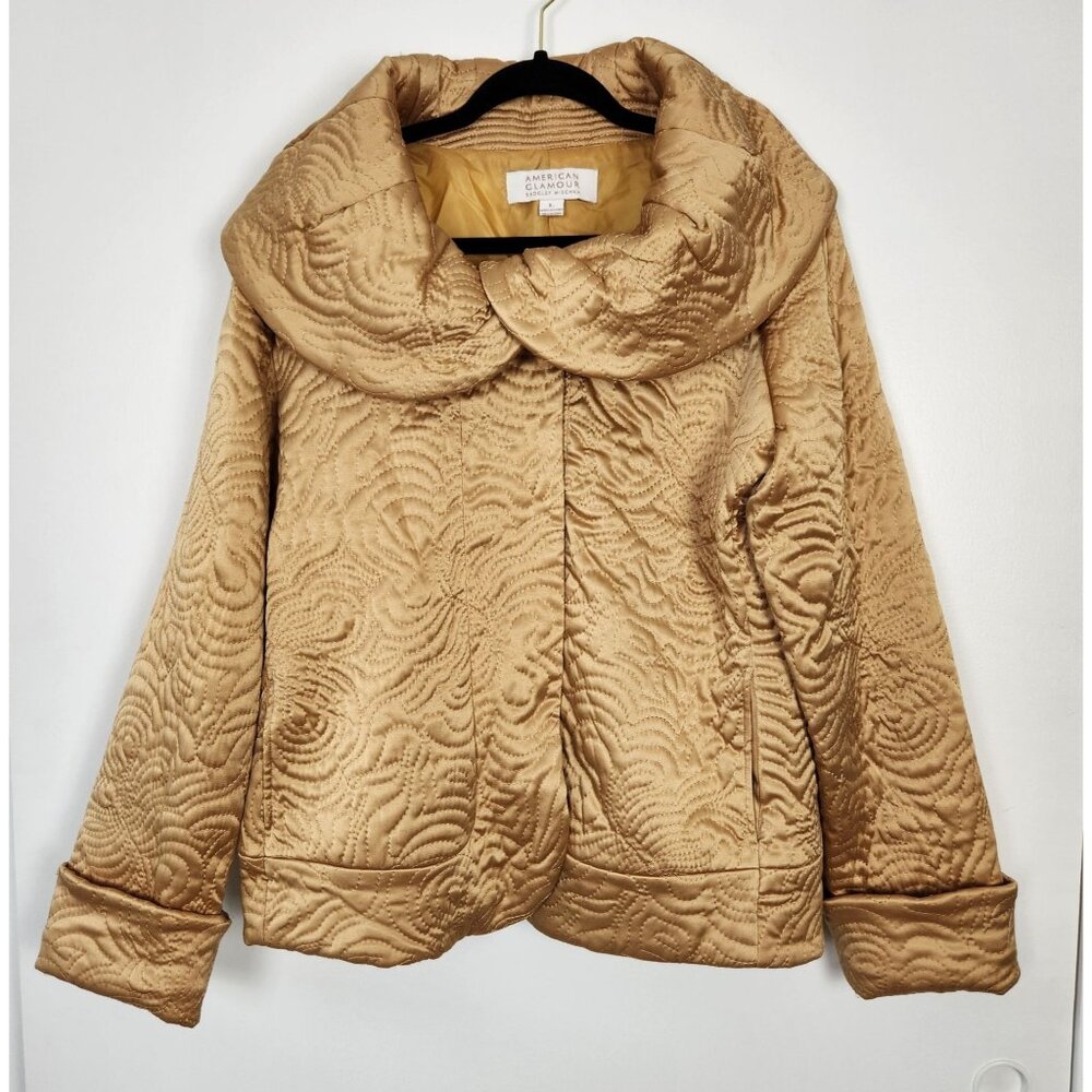 American Glamour‎ Badgley Mischka Shiny Gold Quilted Shawl Collar Jacket, Lg